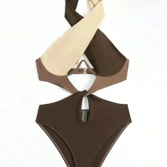 Multicolor Women's Beach Colorblock Criss Cross Halter One-Piece Swimsuit - Picture 3 of 6